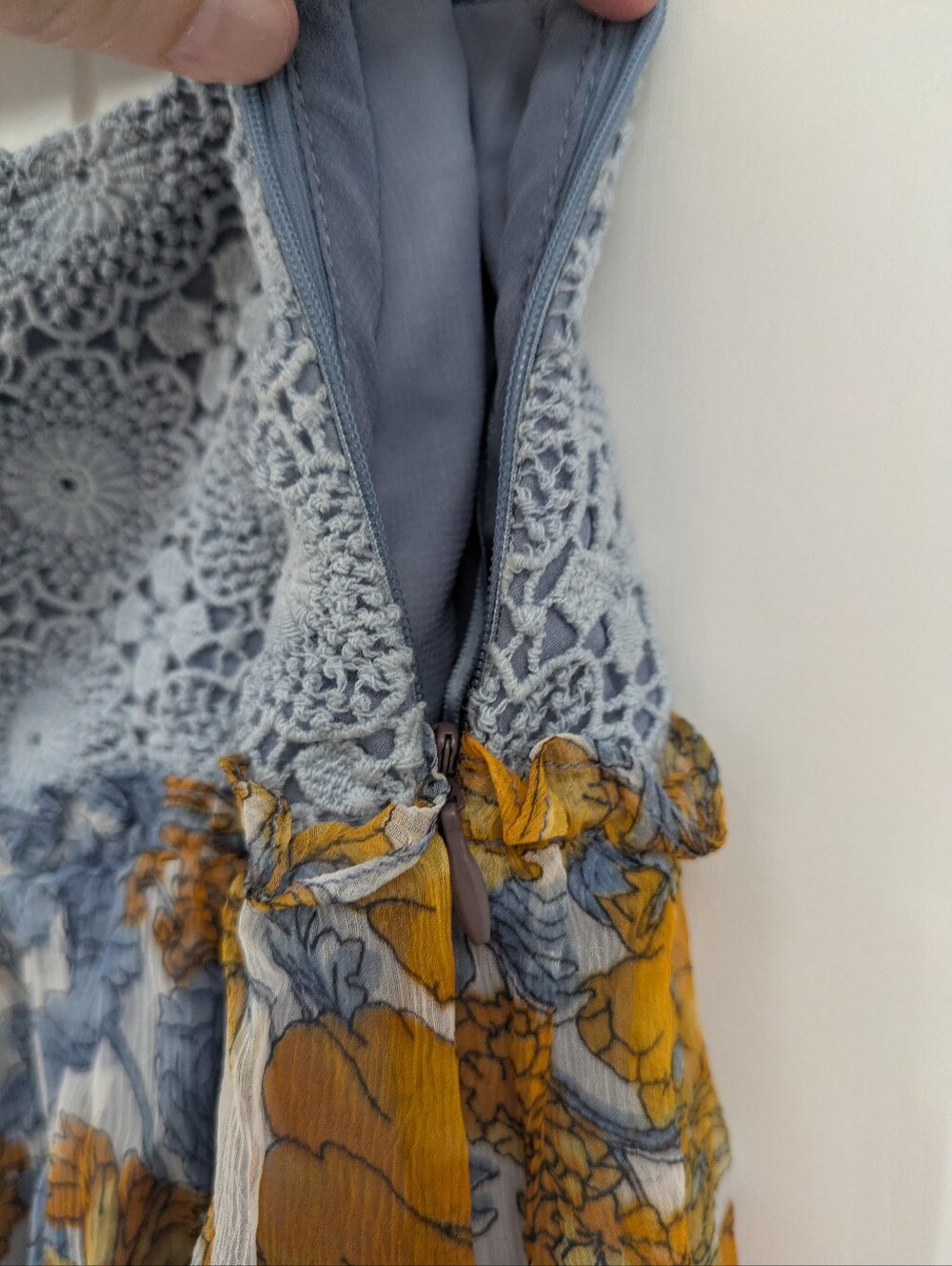 Blue Tassel Silk Chiffon Floral Midi Skirt in Mustard and Blue- Anthropologie - Picture 6 of 9